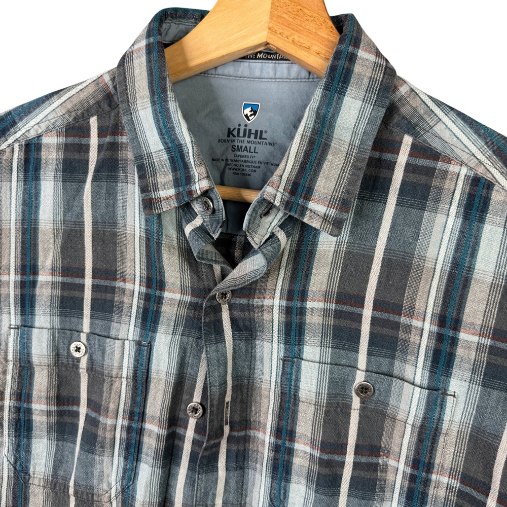 KUHL Response Short Sleeve Plaid Linen Cotton Button Up Shirt Tapered Fit Small